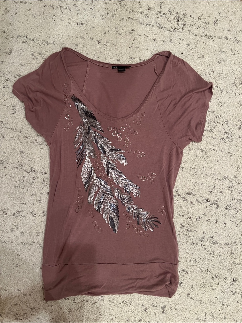 A/X Armani Exchange Mauve Sequin Feather Scoop-Neck Tee